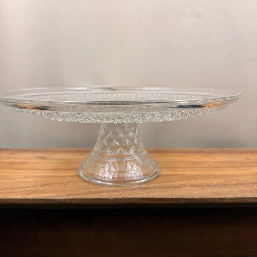 Anchor Hocking Wexford Glass Cake Stand Vintage Diamond Point Pedestal 12 Inch